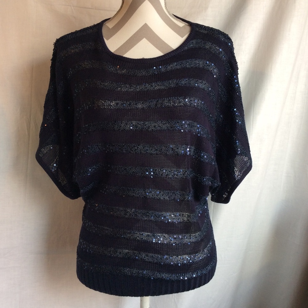 New York & Company Navy Blue Sequins Sheer Sweater
